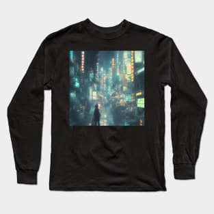 Urban Atmosphere Artistry - Moody Anime Noir Cinematic Japanese Cityscape Long Sleeve T-Shirt